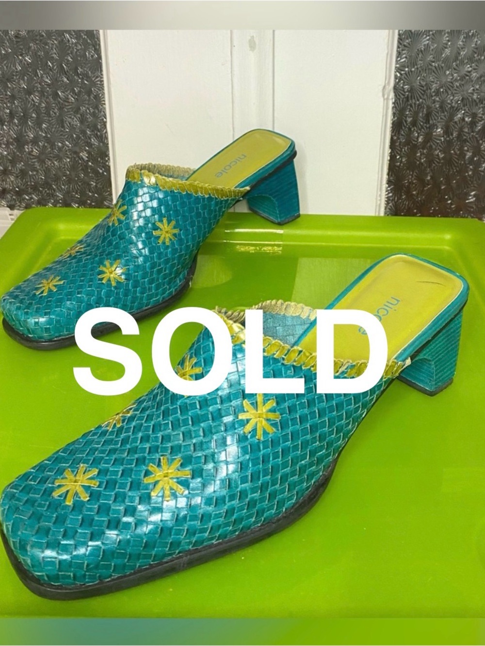 Nicole Teal Woven Leather Mules with Green Star Accents